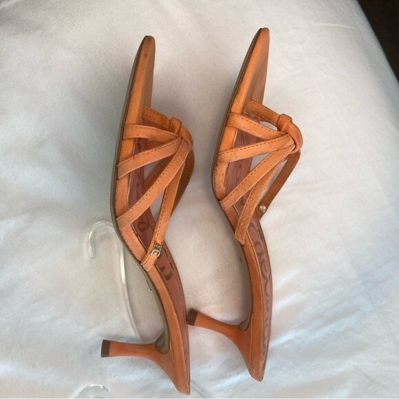 Sam Edelman Jedda Gold Logo Designer Melon Leather Suede Strappy Heels SZ 6 - Picture 6 of 13